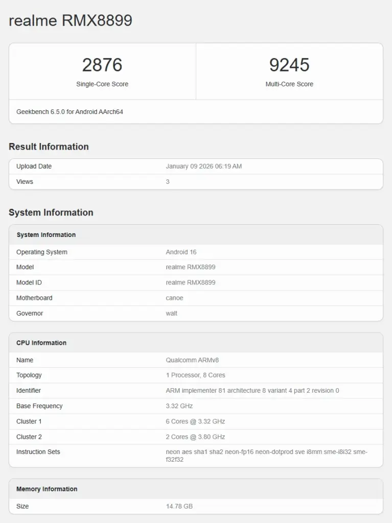 Realme Neo 8 Muncul di Geekbench, Performa Snapdragon 8 Gen 5 dan Android 16 Terungkap