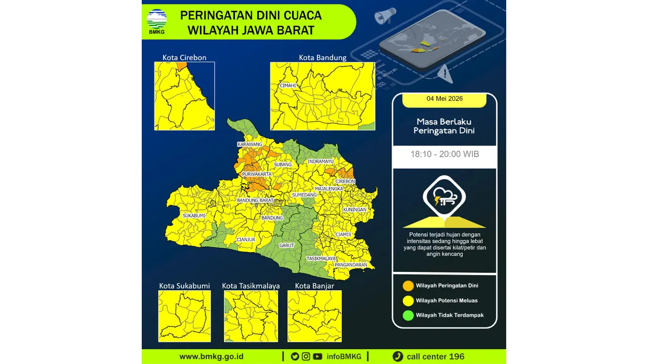 Prakiraan Cuaca Jabar, 4 Mei 2026: Sejumlah Wilayah Berpotensi Hujan Sedang Hingga Lebat Disertai Petir dan Angin Kencang