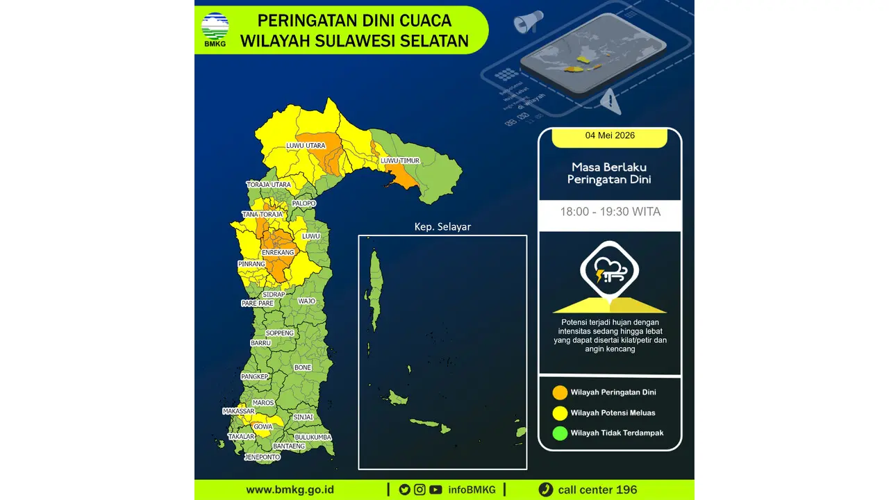 Prakiraan Cuaca Sulawesi Selatan, 5 Mei 2026: Sejumlah Wilayah Berpotensi Hujan Sedang Hingga Lebat Disertai Petir dan Angin Kencang