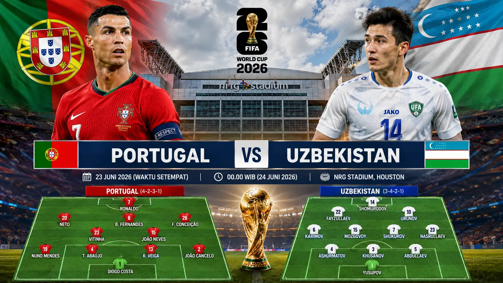 Portugal vs Uzbekistan: Prediksi Skor, H2H, Susunan Pemain dan Jadwal Piala Dunia 2026