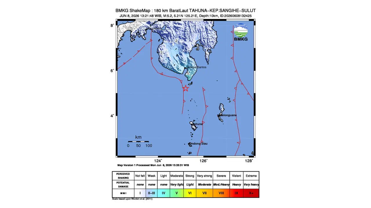 Gempa M 5,2 Guncang Barat Laut Kepulauan Sangihe, Sulawesi Utara